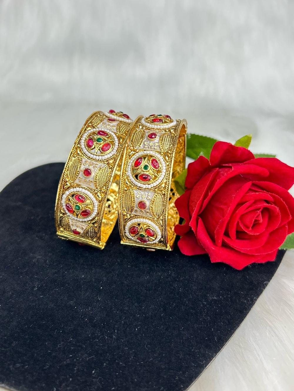 Gold Tone Rajwadi Bangles Set with Red and Green Accents